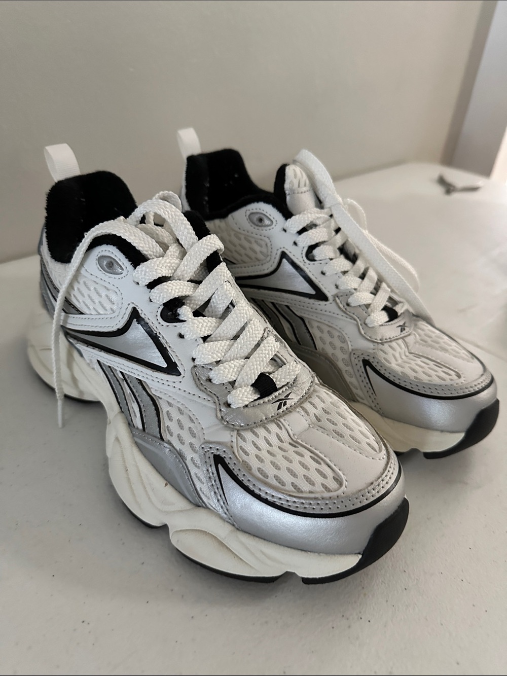 Women’s White and Silver Athletic Sneakers - Chunky Lace-Up